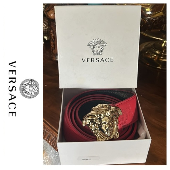 Red Leather Belt with Gold Medusa Buckle